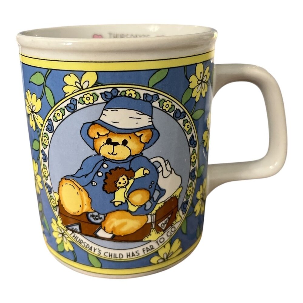 Lucy & Me Thursdays Child Ceramic Mug 1996 Teddy Bear Design Blue Yellow Flower